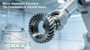 Close-up of a high-precision gear highlighting micro-geometric accuracy, with a graph comparing the service life of AGMA 8 vs. AGMA 12 precision grades