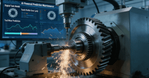 AI system monitoring a CNC gear grinding process in a smart factory, with dashboards showing real-time data analytics for tooth profile error and predictive maintenance.