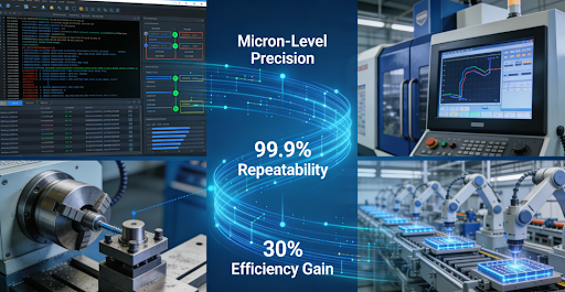 Comparison diagram showing traditional manufacturing challenges versus advanced CNC machining solutions, highlighting micron-level precision, 99.9% repeatability, and 30% efficiency gains in aerospace, medical, and automotive industries.
