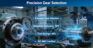 Comparison diagram showing traditional gear failure causing production downtime versus precision gear selection with ISO 9001 certification, highlighting 50% reduction in downtime and 40% cost savings in automotive and industrial manufacturing.