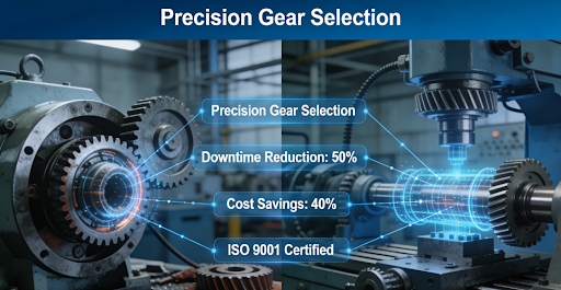 Comparison diagram showing traditional gear failure causing production downtime versus precision gear selection with ISO 9001 certification, highlighting 50% reduction in downtime and 40% cost savings in automotive and industrial manufacturing.